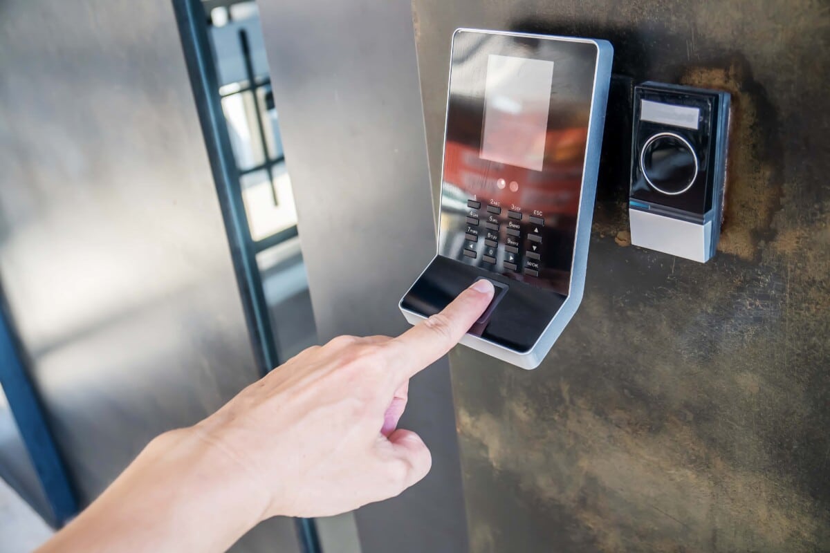 An electronic digital door fingerprint-scan device placed the office entrance door.